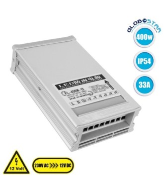 GloboStar® 73039 Μεταλλικό Τροφοδοτικό PELV Rainproof για Προϊόντα LED 400W 33.3A - AC 220-240V σε DC 12V - IP54 L20.8 x W11.5 x H5cm - 3 Χρόνια Εγγύηση